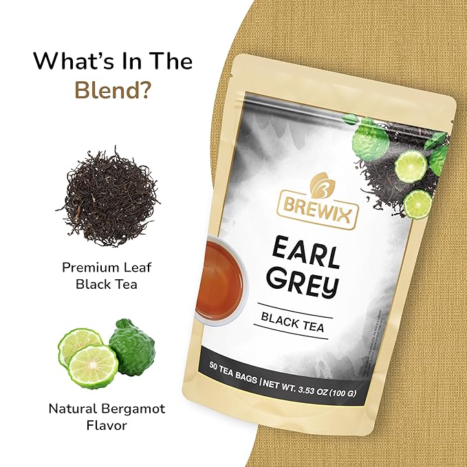 BREWIX, Earl Grey Black Tea Bags (50 Pyramid Bags) Bold & Aromatic Tea with Bergamot | Gluten Free, Energizing & Caffeinated | Sugar-Free, High Caffeine | Gourmet Tea - Bloomnest