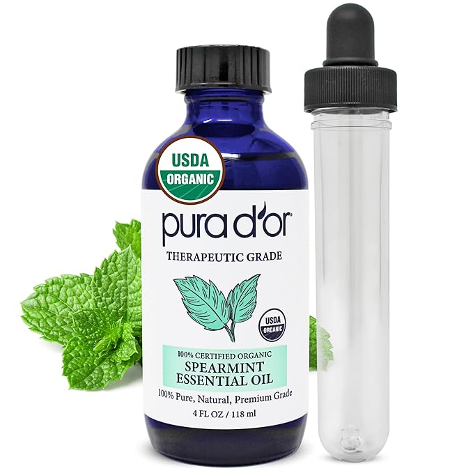 PURA D'OR Organic Spearmint Essential Oil (4oz with Glass Dropper) USDA Certified 100% Pure & Natural Therapeutic Grade Diffuser for Aromatherapy, Focus, Concentration, Mood Uplift - Bloomnest