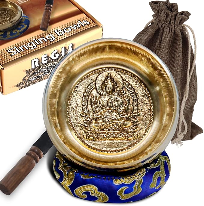 REGIS Tibetan Singing Bowl Set ， Mindfulness, and Stress Relief zen decor，Bowl Handcrafted in Nepal for Healing and Mindfulness (gold, 4 inch) REGIS