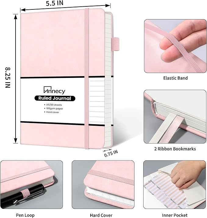 Annecy Lined Journal Notebook, Hardcover Leather Journal for Women & Men, 160 Numbered Pages, Medium 5.5" x 8.25", 100 GSM Thick Paper, Pink - Bloomnest