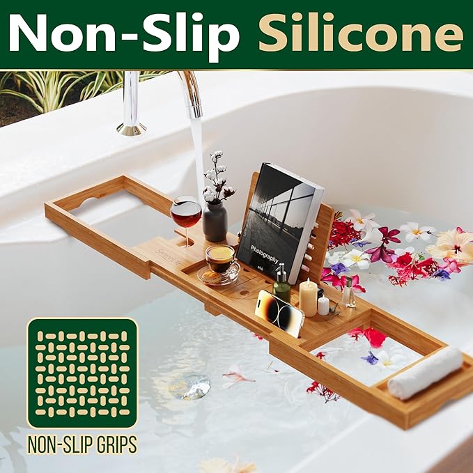 SereneLife Premium Bathtub Tray Caddy with Gift Box and Bow Set, Expandable Bath Tray, Unique House Warming Gifts for Mom, Women, Wedding, Anniversary, Bridal Shower, Fit for All Tub - Classic - Bloomnest