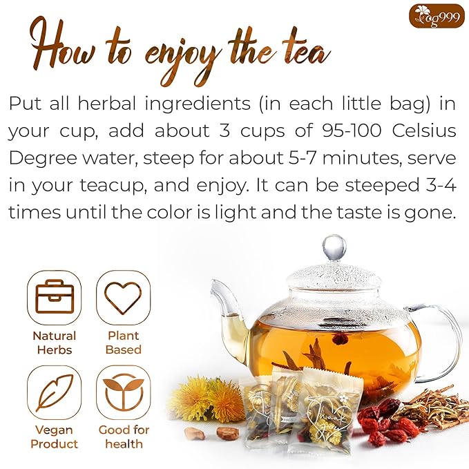 TOG999, Organic Dandelion Wolfberry Tea, 9 Herbal Ingredients, Traditional Recipe Tea for Kidney & Liver, Natural Dandelion, Wolfberry, Gardenia, Cassia Seed, Chrysanthemum, Licorice, Orange Peel (30 Bags) - Bloomnest