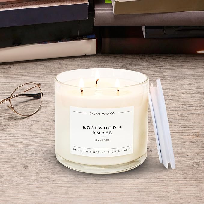 Calyan Wax Co. Rosewood & Amber 3 Wick Scented Candle - 43 Hour Burn - Luxury 3 Wick Soy Candles - Non Toxic Soy Wax Candles - Long Lasting Large Glass Jar Candle for Home - 14.9oz - Bloomnest