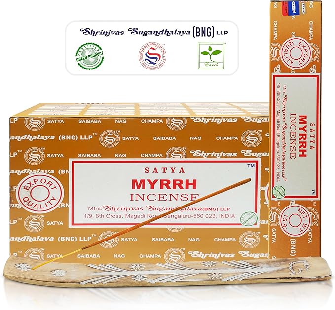 Satya Myrrh Incense Sticks, Bng 15gmx12 Pack With Raajsee Incense Holder Bundle, Nagchampa Natural - Bloomnest