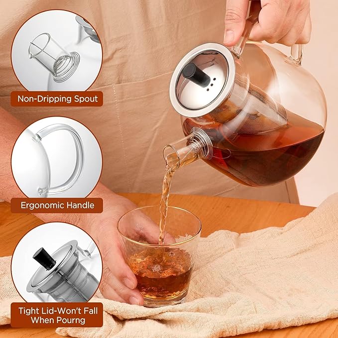 1500ml(50oz) Glass Teapot with Removable Infuser, Ehugos Stovetop Safe Large Tea Pot, Blooming and Loose Leaf Hand Crafted Kettle for Women and Adult with Stainless Infuser - Bloomnest
