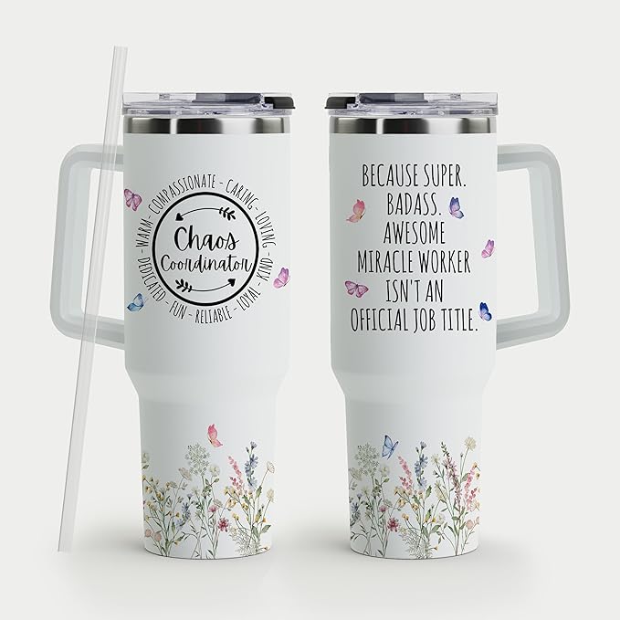 Chaos Coordinator Gifts - Birthday Present for Women - Thank You Gifts for Teacher, Women, Mom, Coworker, Manager, Boss - Chaos Coordinator Stainless Steel Tumbler with Handle and Straw 40oz - Bloomnest