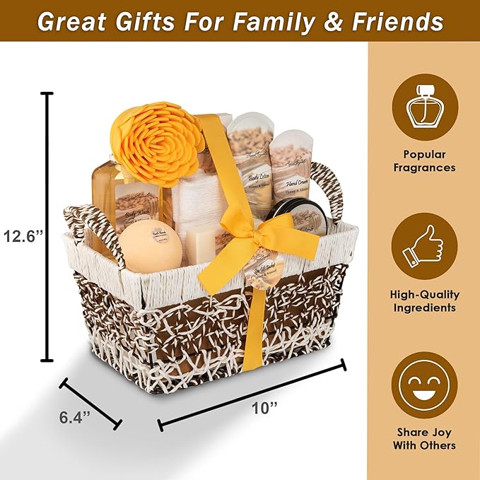 Spa Baskets For Women - Luxury Bath Set With Honey & Almond - Spa Kit Includes Wash, Bubble Bath, Lotion, Bath Salts, Body Scrub, Hand Cream, Shower Puff, Bathbombs, Soap and Towel - Bloomnest