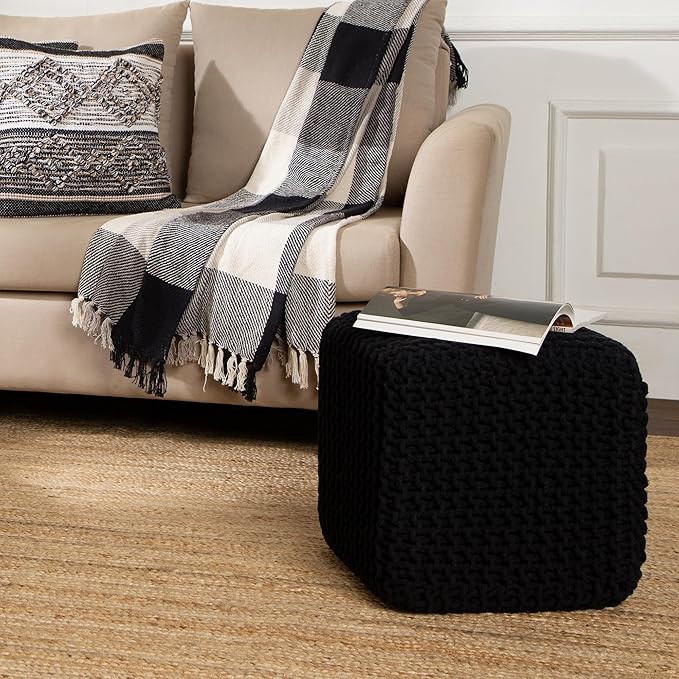REDEARTH Cube Pouf Foot Stool Ottoman - Hand Knitted Poof - Cord Boho Pouffe - Home Décor - Stuffed Footrest for Living Room - Bedroom - Covered Patio (16" x 16" x 16") - Black - Bloomnest