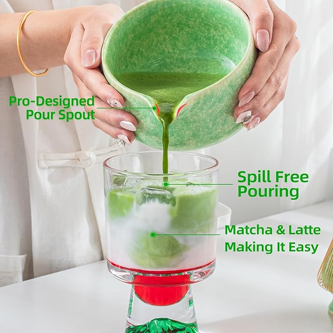 TEANAGOO Matcha Whisk Set,7 Pcs Matcha Set Green,Ceremony Matcha Kit,Matcha Tea Set for Making Latte,Ceramic Bowl(chawan) whith Spout and Whisk,Gift for Matcha Lovers - Bloomnest