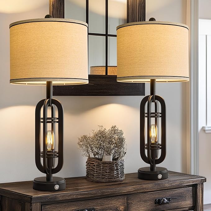 27.25'' Table Lamps Set of 2 for Living Room Bedroom Industrial Farmhouse Metal Touch Lamps with USB A+C Ports, Night Light Vintage Nightstand Bedside Lamp, Bulbs Included, Black - Bloomnest