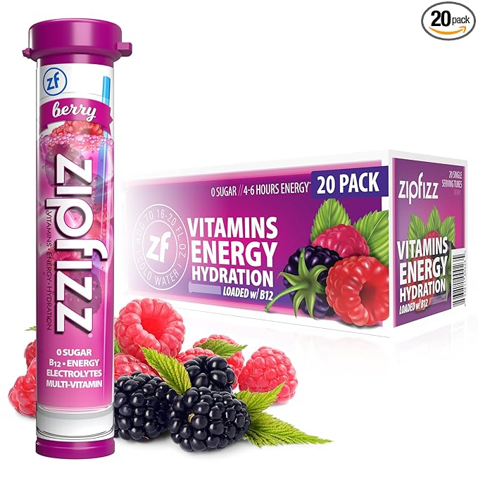 Zipfizz Daily Energy Drink Powder, Berry, 20 Pack | 3-in-1 Sustained Energy, Rapid Hydration, and Essential Vitamins | Sugar-Free | Electrolyte Powder | Contains Vitamin B-12 & Antioxidants - Bloomnest