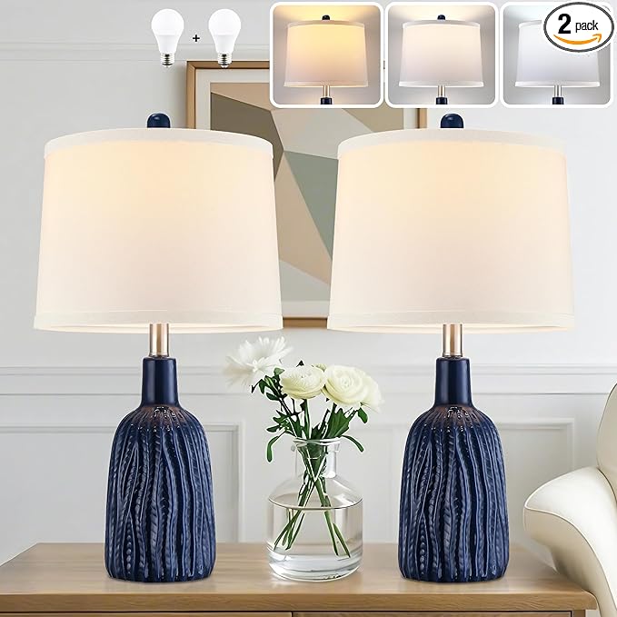 GRUENLICH Ceramic Table Lamp Set of 2 for Nightstand, 22.5" Modern Blue Bedside Lamp with 3 Adjustable Color Temperature, Bedroom Light for Living Room Desk End Table Office (2 LED Bulbs Included) - Bloomnest