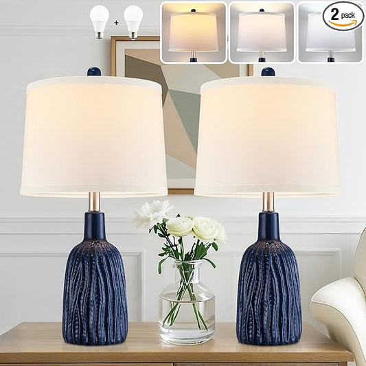 GRUENLICH Ceramic Table Lamp Set of 2 for Nightstand, 22.5" Modern Blue Bedside Lamp with 3 Adjustable Color Temperature, Bedroom Light for Living Room Desk End Table Office (2 LED Bulbs Included) - Bloomnest
