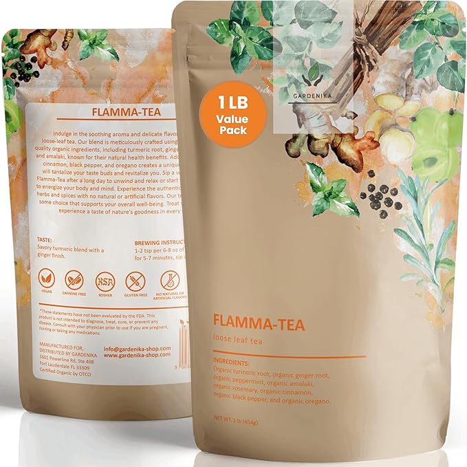 Gardenika Organic Flamma-tea Loose Leaf Turmeric Ginger Tea | with Cinnamon & Pepper | 100% Natural | Caffeine Free | Herbal Wellness Tea | Premium Blend | 1 lb (454g) - Bloomnest