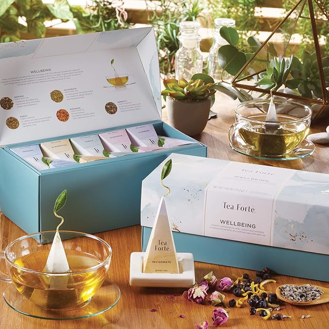 Tea Forte Wellbeing Assorted Presentation Box Tea Gift Set, 20 Count, 2 of Each Variety Individually Wrapped Handcrafted Pyramid Infuser Bags - Bloomnest