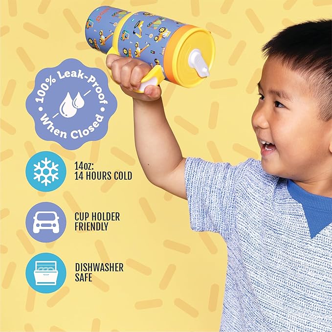 Ello Oasis 14oz Stainless Steel Toddler Tumbler with Handle & Retracting Straw, 100% Leakproof, Double-Wall Vacuum Insulated, Kids Water Bottle for School, BPA Free, Dishwasher Safe, Construction - Bloomnest