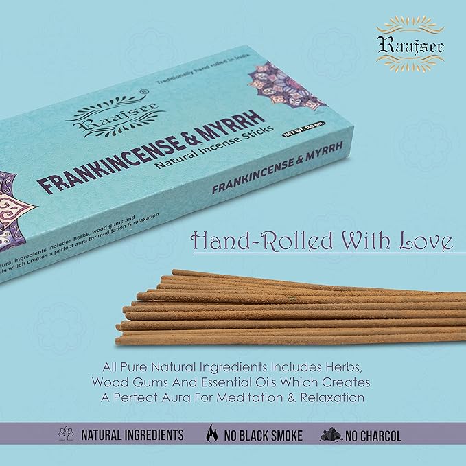 Pure Frankincense & Myrrh Incense Sticks, 100%-Natural Charcoal Free Organic Non Toxic Clean Burning Handmade Insence Sticks 100 gm Pack, Meditation Gifts – Spritual Cleansing RAAJSEE