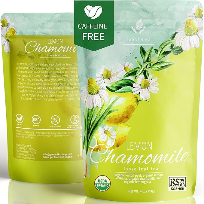 Gardenika Organic Lemon Chamomile Loose Leaf Tea, KSA Kosher, Caffeine Free, Herbal with Chamomile and Lemongrass – 4 oz (1 Pack) - Bloomnest