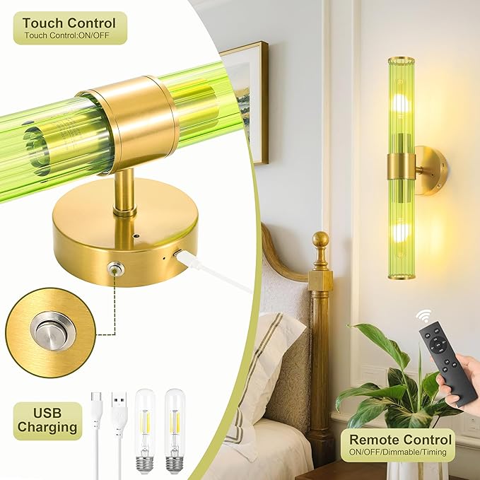 Gold Battery Operated Wall Sconces Set of 2, Rechargeable Wall Lights with Remote Control, 20 Inch Modern Wireless Wall Lamp for Bedroom, Living Room with Green Shade (Bulbs Included) - Bloomnest