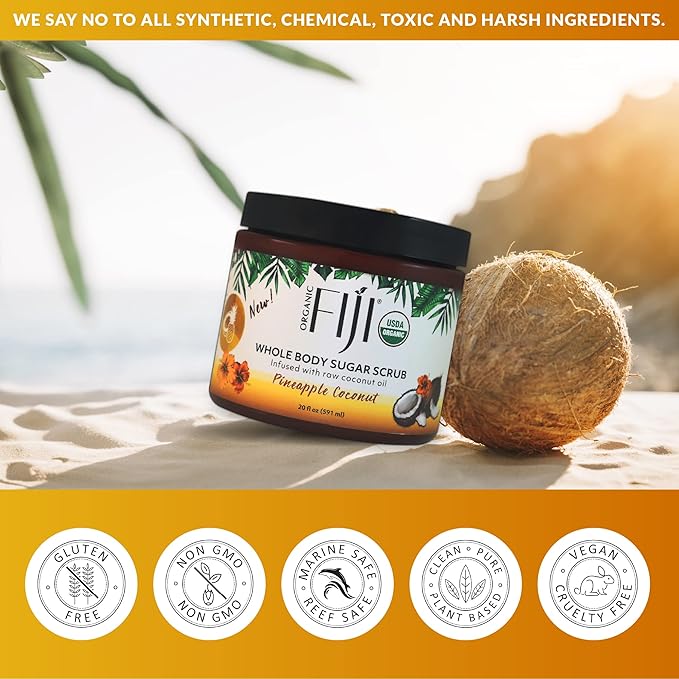 Organic Fiji Whole Body Scrub - Infused with Coconut Oil, Exfoliating Sugar Scrub for Smooth and Soft Skin, Exfoliates & Restores Skin's Natural Biosphere, Pineapple Coconut 20 oz