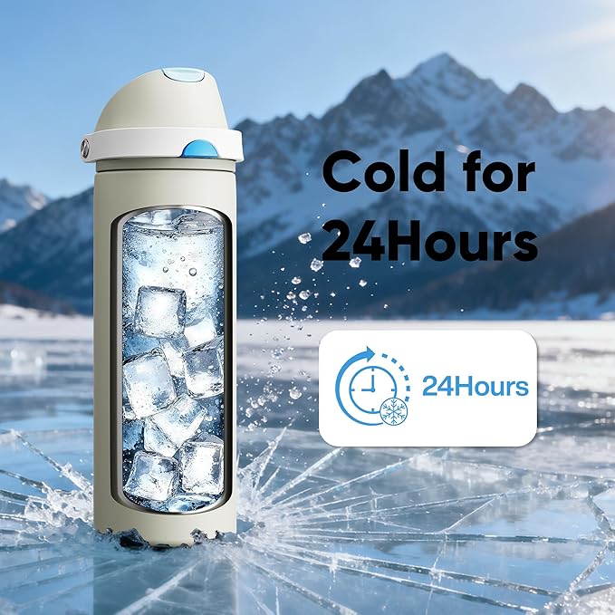 Insulated Water Bottle with Straw - Encool Stainless Steel Water Bottle with Push Button Lid, Leak-Proof & BPA-Free, Keeps Cold for 24 Hours for Sports, Travel, Gym (24 oz, Kangaroo Grey) ENCOOL