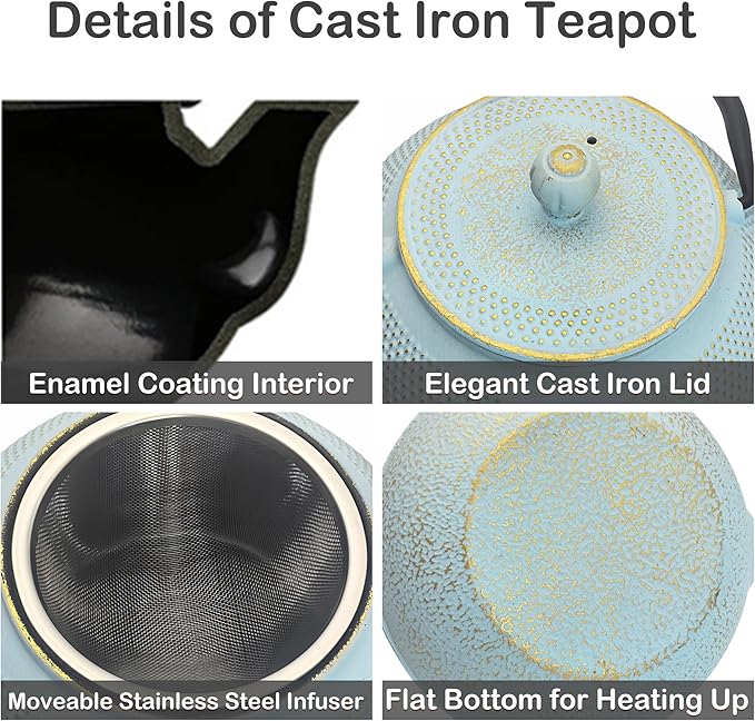 30.4oz Small Cast Iron Teapot, Tea Kettle for Stovetop Safe Coated with Enameled Interior, Japanese Tetsubin, Tea Pot with Stainless Steel Infuser for Loose Tea(900ml) - Bloomnest