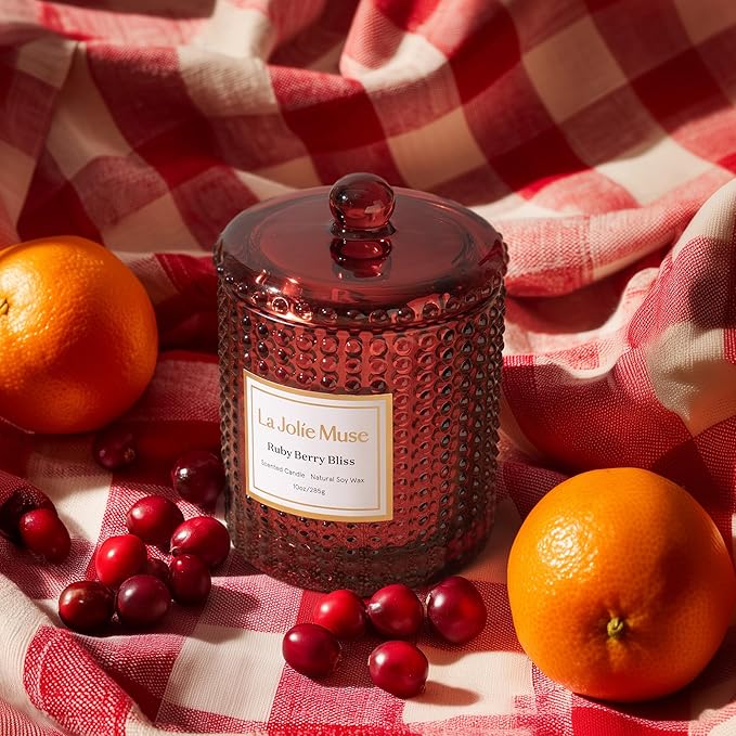 LA JOLIE MUSE Christmas Candle | Ruby Berry Bliss | Mandarin Cranberry & Plum | 10 oz Festive Candle | 55 Hours Clean Burn | Gift for Women & Family - Bloomnest