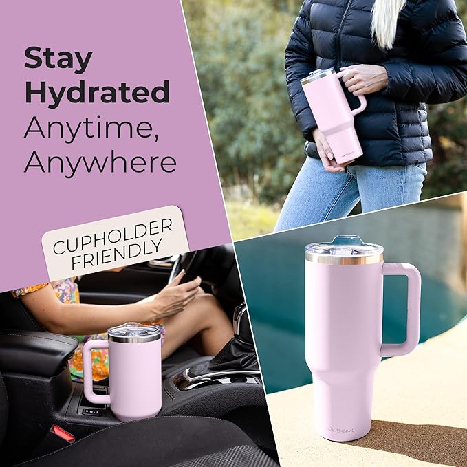 40 oz Tumbler With Handle and Straw Made of Stainless Steel - Double Wall Vacuum Insulated Tumbler With Lid - Sweat Proof Easy Grip, BPA-Free, Dishwasher Safe Tumbler (Orchid) - Bloomnest
