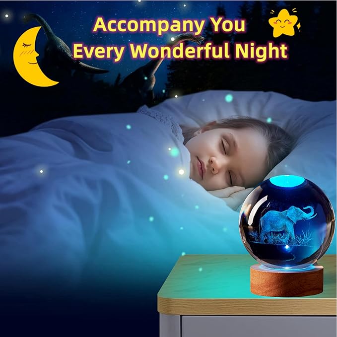 Elephant Crystal Ball Lamp, 3.15 inch, Night Light with Wooden LED Base, Glass Ball with USB, Remote Control, 16 Color Change, Gift Box - Bloomnest