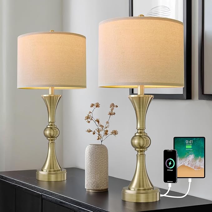 28" Table Lamps for Living Room Set of 2, Bedroom Lamps with USB A+C Ports, Modern Table Lamp,Desk Lamp, Lamps for Night Stands(Antique Bronze,No Bulbs Included) - Bloomnest