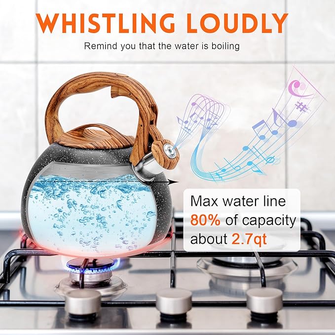 GGC Tea Kettle for Stove Top, Loud Whistling Kettle for Boiling Water Coffee or Milk, 3.1 Quart Heavy Stainless Steel Starry Black Kettle with Wood Pattern Handle, Unique Button Control Kettle Outlet - Bloomnest
