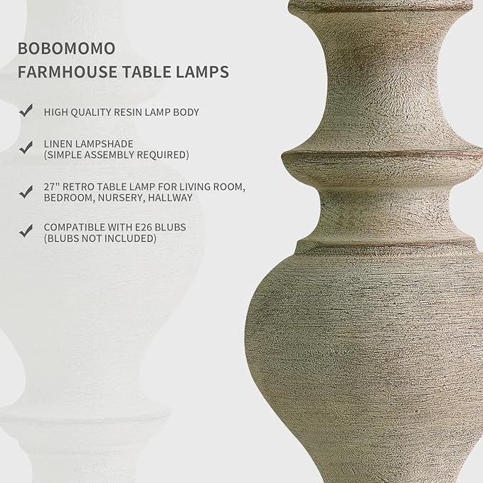 BOBOMOMO 27" Antique Gray Table Lamps Set of 2, Large Farmhouse Resin Lamps with Linen Shades, Vintage Gray Lamps for Living Room, Bedroom, or Console Table Rustic Traditional Décor - Bloomnest