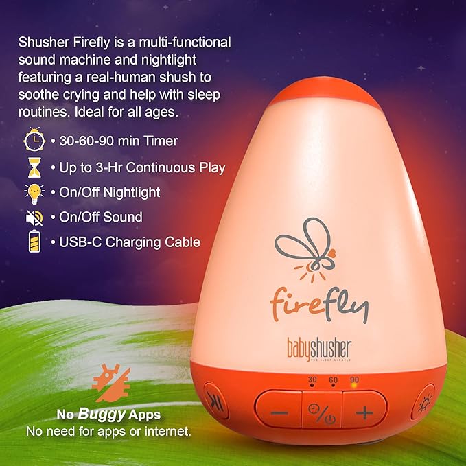 Baby Shusher Firefly Baby Soother for Crying Babies with Nightlight - White Noise Sound Machine, Baby Soother for Sleeping, Newborn Essentials for Crib, USB Rechargeable - 1 Count - Bloomnest