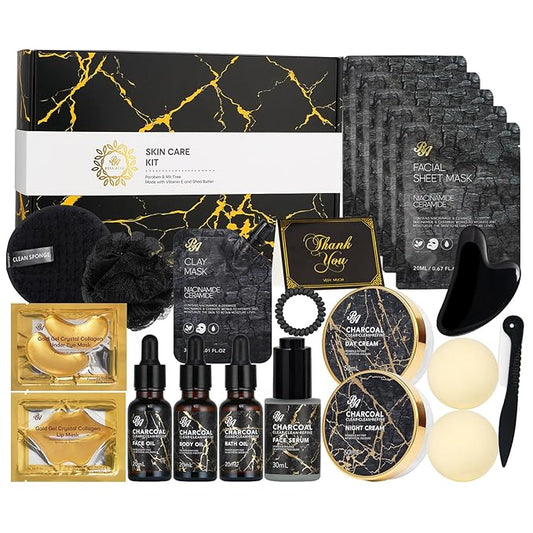 Valentines Day Gifts for Women & Men, Charcoal 23 Pcs Skin Care Set, Bath and Body Kit, Spa Gift Set, Birthday Gifts, Serum, Face Oil, Sheet Mask, Clay Mask, Bath Bombs, Christmas, Mother Day, Dad