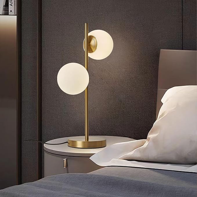 Mid Century Table Lamp Modern Globe Table Lamp for Bedroom, Gold Nightstand Light for Offices Contemporary Living Room Decor 2 LED Globe Lights - Bloomnest