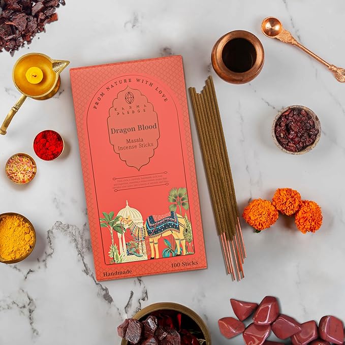 Incense Sticks, Dragons Blood Incense, Pack of 100 Stick, Hand Rolled Aromatic Masala Made with Natural Ingredients, 45-60 Min Burn Time, Best for Home Fragrance, Meditation, Yoga, Spiritual Healing KARMAPLEDGE
