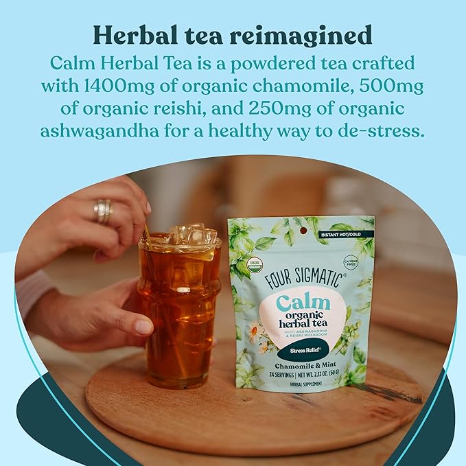 Four Sigmatic Calm Organic Herbal Tea | Stress Relief Tea with Ashwagandha & Reishi | Instant Adaptogenic Drink for Relaxation | Vegan, Gluten-Free | Chamomile & Mint, 24 Servings - Bloomnest