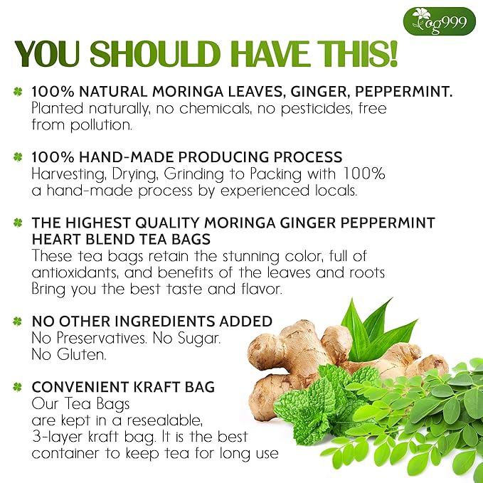 TOG999, Premium Moringa Ginger Peppermint Herbal Tea – 120 Tea Bags – Caffeine-Free, Plant-Based, Non-GMO, Naturally Refreshing Flavor, No Artificial Additives, No Sugar, No Gluten. Vegan - Bloomnest