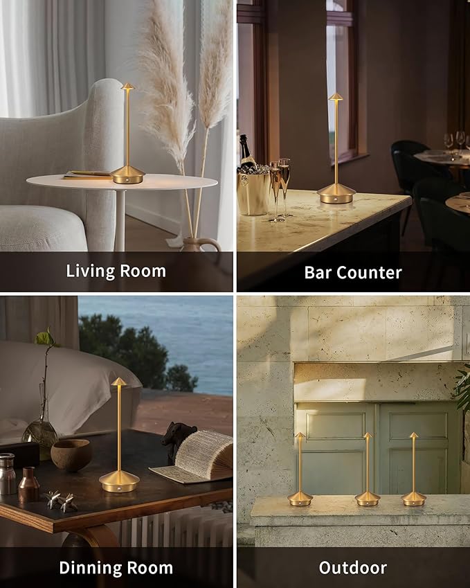 Modern Cordless Table Lamp Set of 2, Portable LED Desk Lamps, 5000mAh Rechargeable Battery Operated Lighting for Bedroom Dining Room Restaurant Coffee Shop Camping Night Light (Gold) - Bloomnest