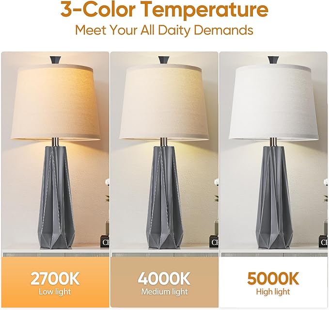 WIHTU 3 Color Temperature Table Lamps Set of 2, 27'' Grey Modern Table Lamp for Living Room, Beside Lamp with Linen Shade, Resin Desk Lamp for Nightstands Bedroom Decor (2 Bulbs Included) - Bloomnest