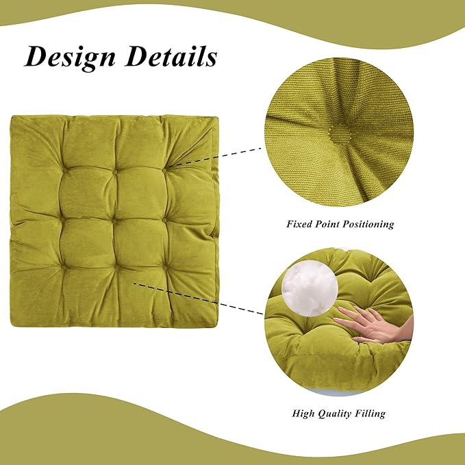Meditation Floor Pillow 22×22 Inch 1 Pack Large Floor Cushions for Adults Square Tufted Corduroy Floor Pillows for Yoga Living Tatami Room Green - Bloomnest