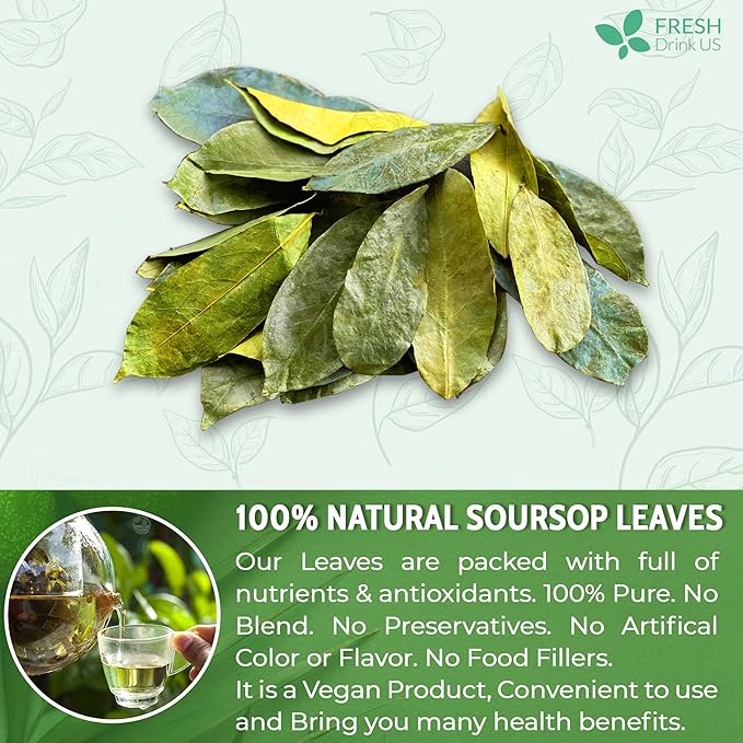 FreshDrinkUS, Premium 275+ Soursop Graviola Whole Dried Leaves Tea, 275-300 Soursop Graviola Guanabana Whole Leaves, Wildcrafted, Hoja Guanabana Loose Leaf Herbal Tea, No Gluten, Vegan - Bloomnest