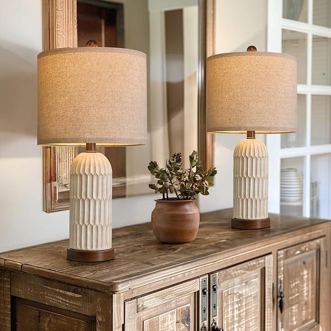 OYEARS 22.5" Table Lamp for Living Room,Retro Farmhouse Lamps for Nightstands Boho Bedroom Lamps Set of 2,with USB A+C Charging Ports,Beige and Brown - Bloomnest