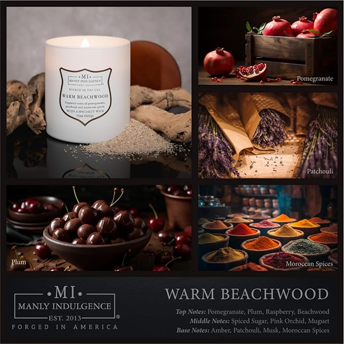 Manly Indulgence Warm Beachwood Scented Candles for Men, 15 oz Wooden Wick, Premium Soy Blend Wax, 60H Burn, Candles for Home Scented - Made in The USA - Bloomnest