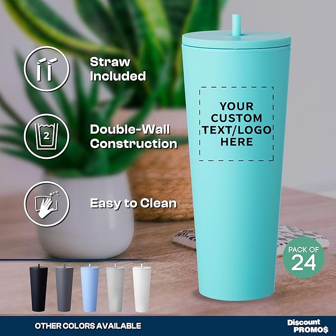 DISCOUNT PROMOS Custom Kenai Plastic Tumblers with Straw 24 oz., Set of 12, Personalized Bulk Pack - Ideal for Busy Professionals, With lids, Ice Coffee Tumbler, To Go Cup, Insulated - Mint - Bloomnest