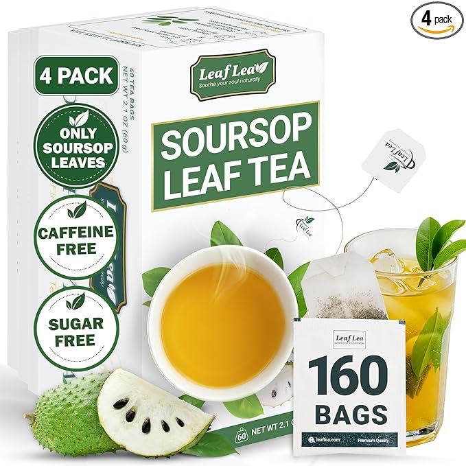 LeafLea 160 Premium Soursop Tea Bags, Natural & Pure Sour sop Graviola Tea Leave, Hoja Guanabana Leaf Herbal Tea Bags Variety Pack of 4, Digestive Support, Nutrient-Rich, Vegan, Sugar/Caffeine Free - Bloomnest