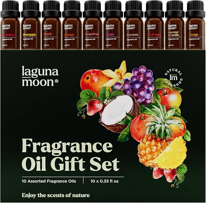 Fragrance Oil Set - Premium Grade 10 Pcs Scented Oils for Candle Making, Soap Scents, Aroma Beads, Bath Bombs, Perfume & Flavoring Oil for Lip Gloss - Essential Oils with Fruity Scents (10ml) LagunaMoon
