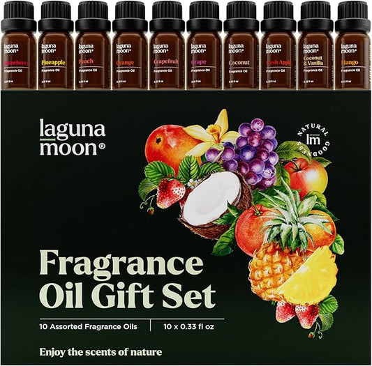 Fragrance Oil Set - Premium Grade 10 Pcs Scented Oils for Candle Making, Soap Scents, Aroma Beads, Bath Bombs, Perfume & Flavoring Oil for Lip Gloss - Essential Oils with Fruity Scents (10ml) LagunaMoon