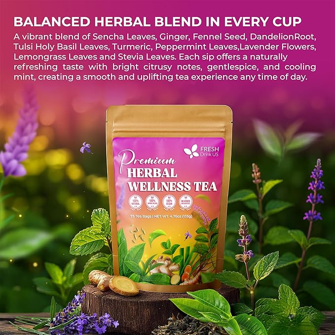 FreshDrinkUS, Premium Herbal Wellness Tea Bags | 75 Count | Blend of Sencha, Ginger, Fennel, Dandelion, Tulsi, Turmeric, Peppermint, Lavender, Lemongrass & Stevia – Herbal Tea. Vegan - Bloomnest