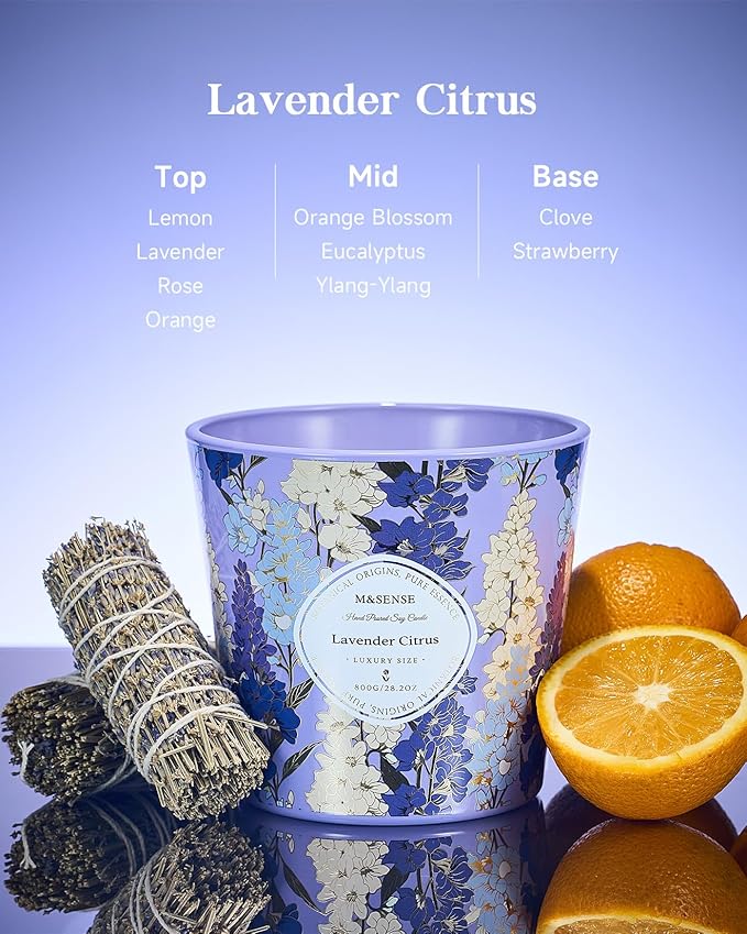 M&SENSE Lavender Citrus Scented Candle, 28.2oz 3 Wick Natural Soy Wax Large Candles, Long Lasting Clean Slow Burning No Toxic Décor for Home Relaxation, Romantic Dates & Gift-Giving - Bloomnest
